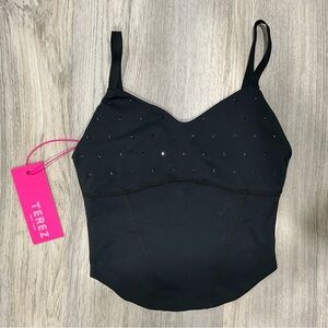 NWT Terez Corset Crop Top Athletic Bra Tank Black w/ Black Gemstone Size XXS